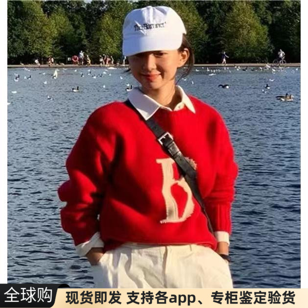 正品现货韩国barnnet八奶新年红色字母宽松圆领套头羊毛衣针织衫