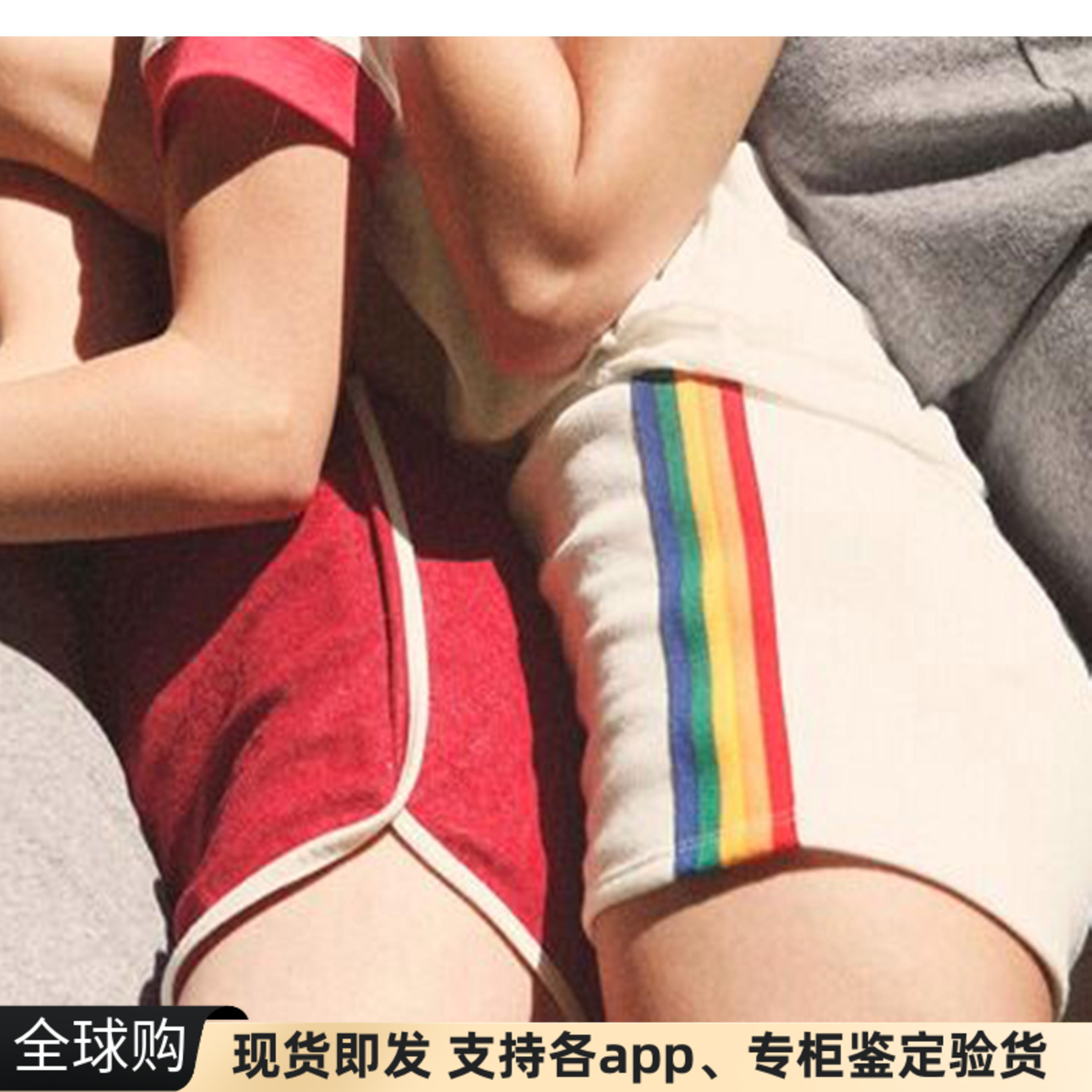现货美国AA风camp collection彩虹条纹拼色棉质包臀休闲运动短裤