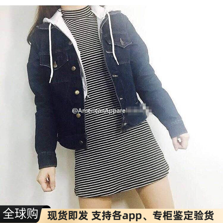 现货美国american apparel AA条纹高领长袖喇叭A字台型连衣裙