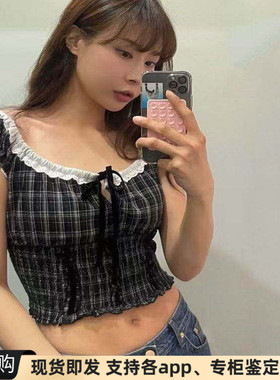 正品现货韩国barnet八奶格纹花边褶皱束腰大圆领露肩短款短袖上衣