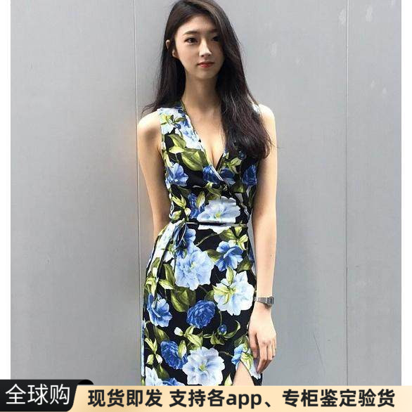印花无袖v领交叉系带连衣裙长裙