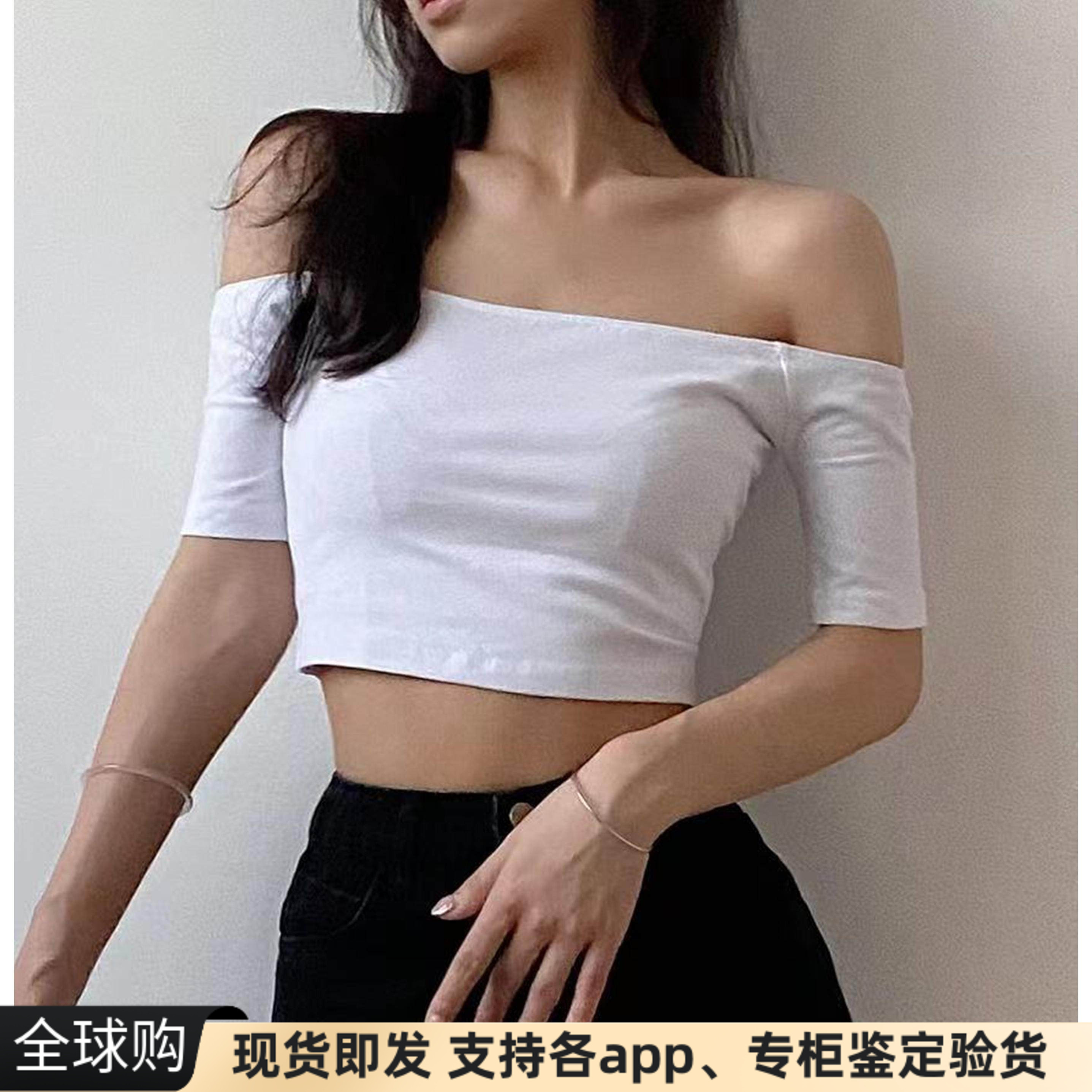 现货aa短袖t恤潮露肩一字领短款