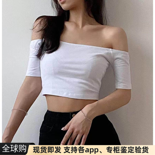 现货aa短袖t恤潮露肩一字领短款