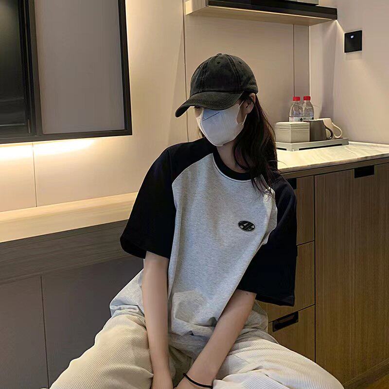 正品现货韩国ADER男女情侣刺绣字母插肩拼色宽松短袖t恤潮