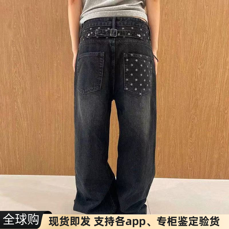 正品现货韩国aeae星星印花宽松水洗做旧直筒牛仔裤阔腿裤长裤女