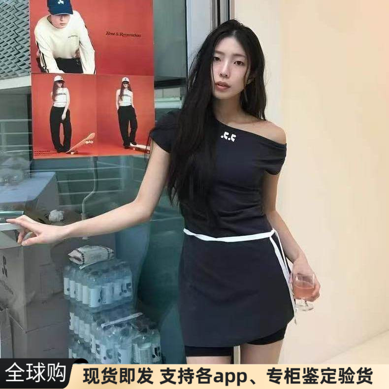 正品现货韩国RR RestRecreation一字领露肩短袖简约纯色棉连衣裙