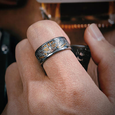 巴赫满雕饕餮戒指男手工雕刻指环