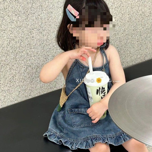 韩版童装女童牛仔连衣裙夏季新款时尚花边系绳挂脖吊带裙