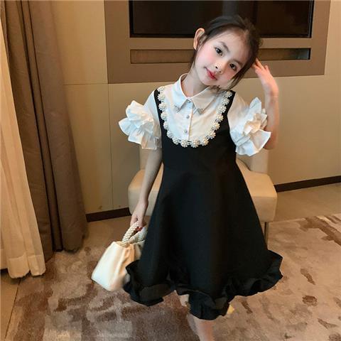 女童连衣裙2025新款衬衫领花瓣袖童装假两件气质名媛风裙子公主裙