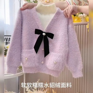 女童针织绒毛毛衣冬季加厚新款洋气儿童水貂假两件高领打底针织衫