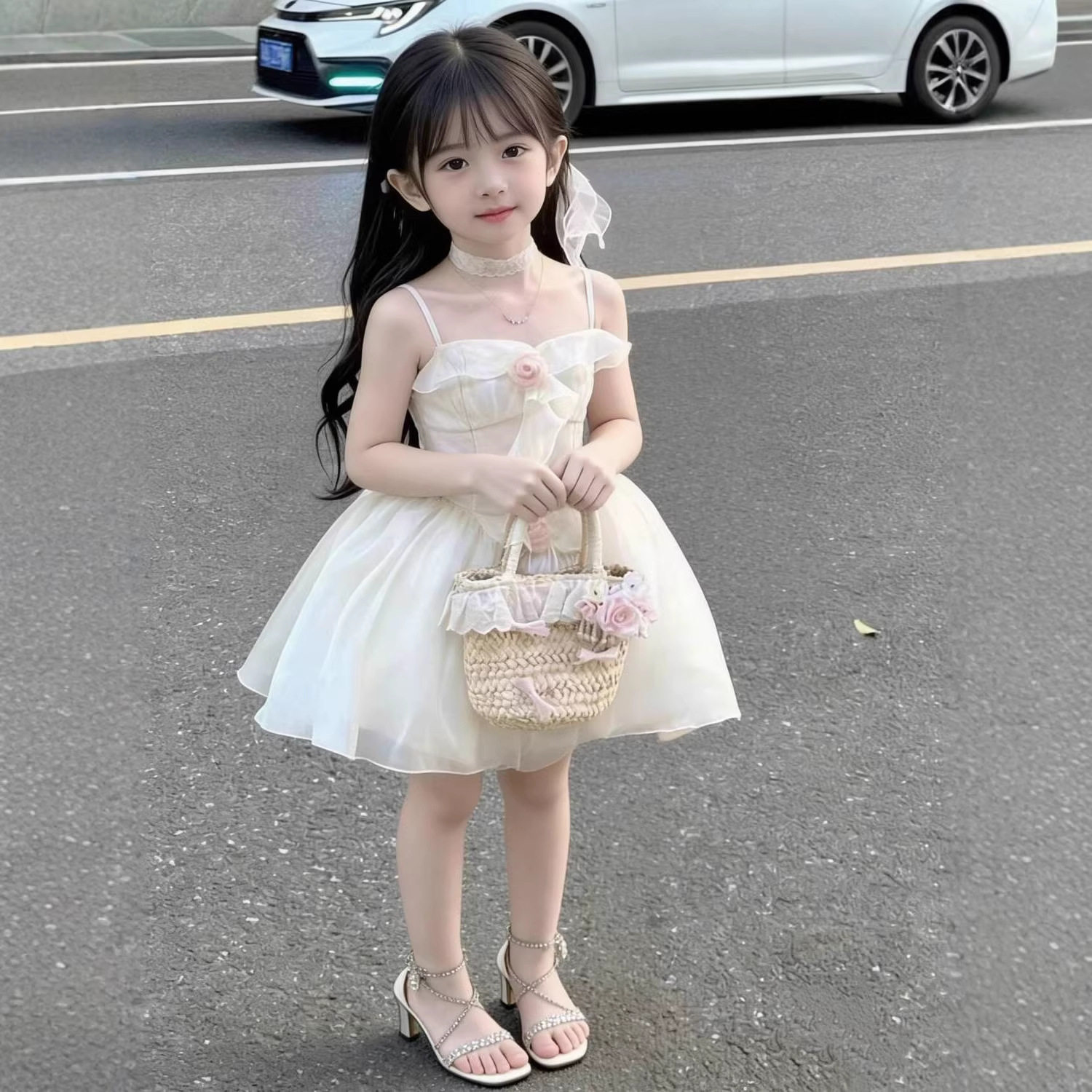 女童法式吊带玫瑰蓬蓬裙儿童白色短款礼服裙甜美公主连衣裙