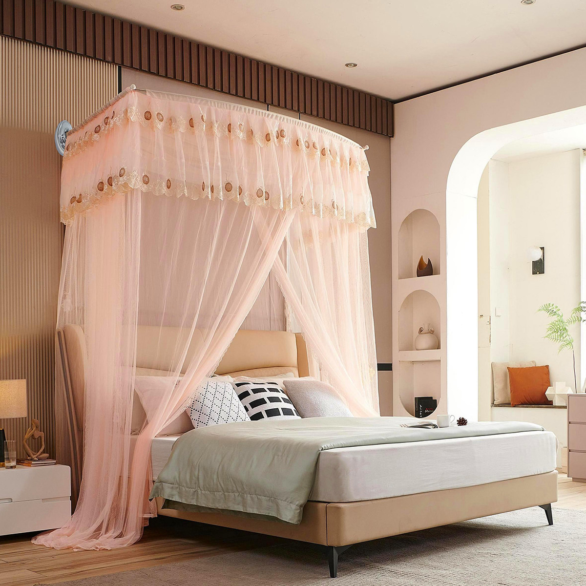 居乐仕挂墙式蚊帐家用2024新款加厚支架宫廷欧式三开门伸缩蚊帐