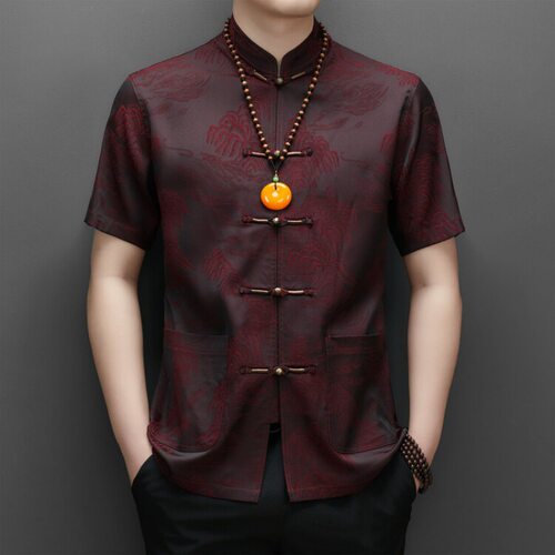 2024夏唐装男中老年爸爸短袖衬衫老年人夏天衣服爷爷夏装冰丝衬衫
