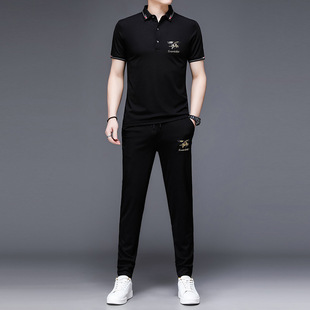 澳阁服饰2024夏季休闲套装男韩版潮流小脚修身运动新款束脚印花套