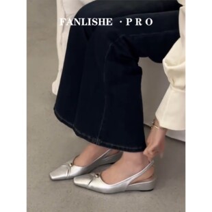 蝴蝶结小众女鞋 女真皮后绊带坡跟单鞋 简约风银色包头凉鞋 羊皮版