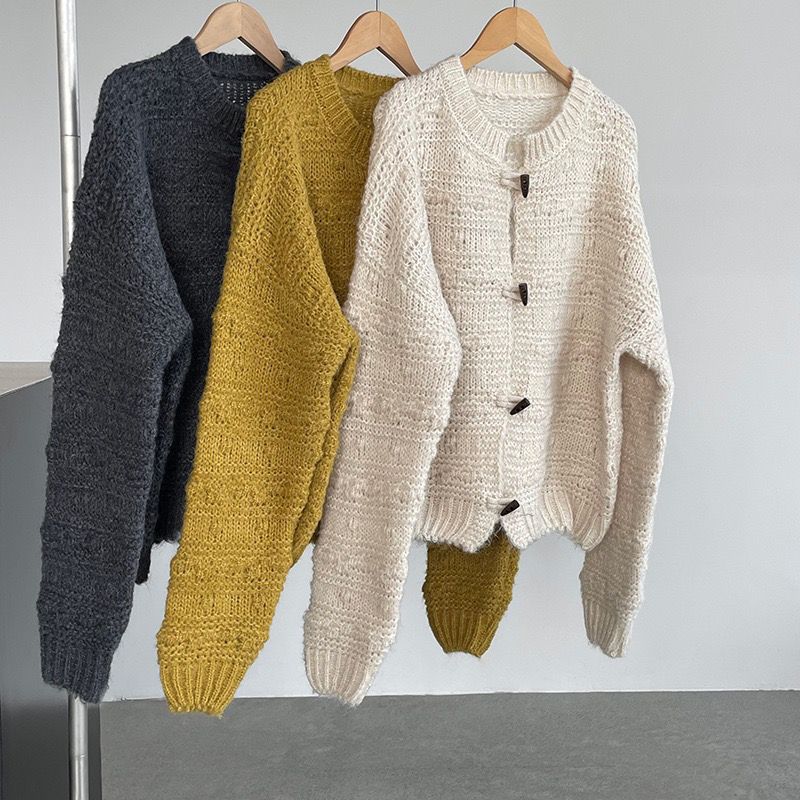 韩系简约纯色圆领长袖针织开衫女春秋新款宽松显瘦毛衣外套上衣潮