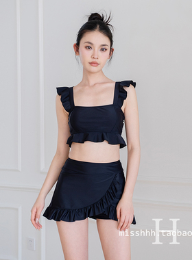游泳衣女黑色小胸学生高腰遮肚显瘦保守分体平角裙式度假温泉泳装
