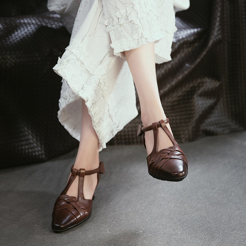 春夏新款头层牛皮复古尖头浅口单鞋麻花编织低跟气质显瘦软底凉鞋