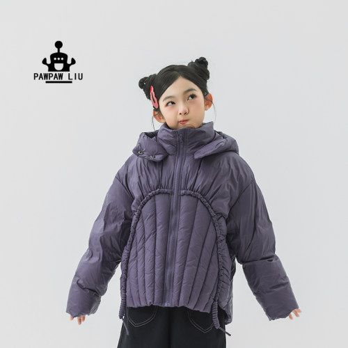 Paw家原创儿童灰紫抽绳羽绒服短