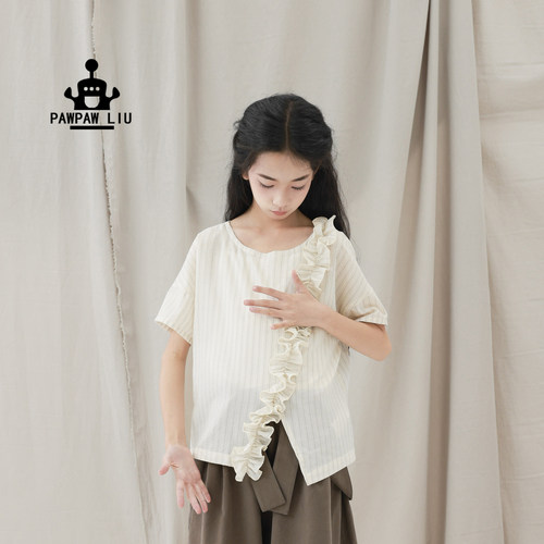 Paw家原创女童菲边米条纹短袖T恤