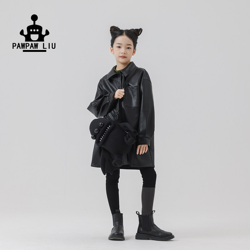 Pawpaw Liu原创设计女童长袖衬衫春秋款儿童黑色皮衣复古气质外套