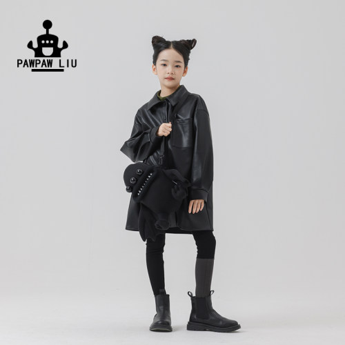 paw家原创女童复古黑色pu皮衬衫