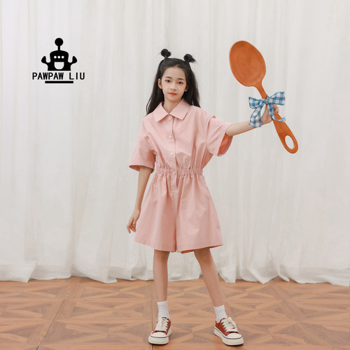 Paw家原创女童粉色工装连体短裤