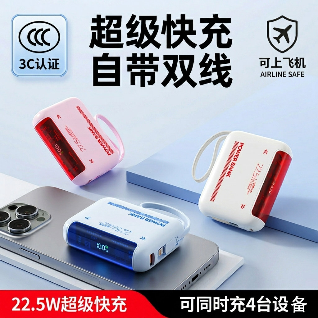 3C认证新款超级快充22.5W充电宝自带线20000毫安大容量可上飞机