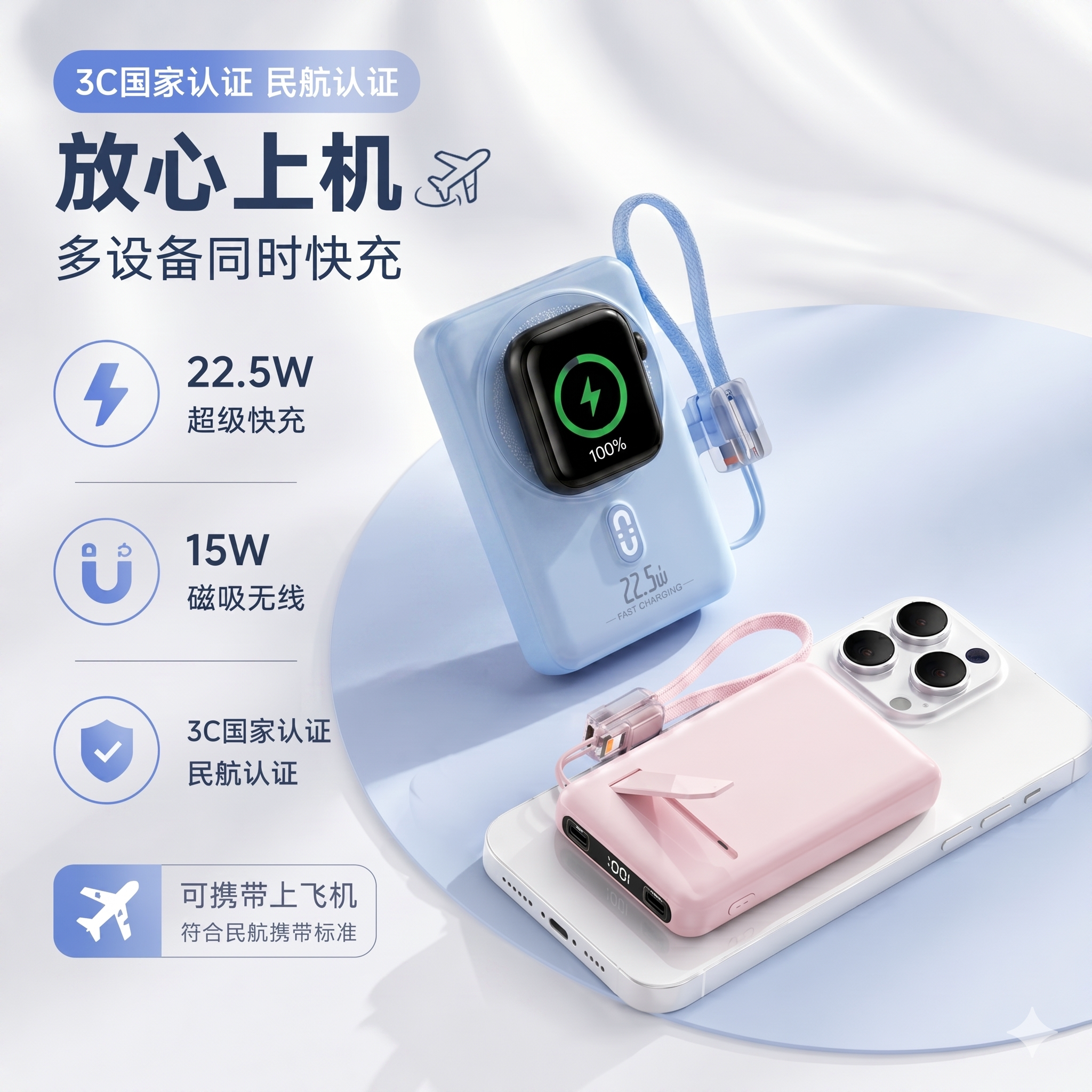 国家3C认证10000mAh磁吸无线快充22.5W自带线充电宝便携可充手表