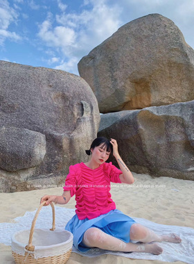 iam静芝芝芝 2020夏新款复古法式小众褶皱显瘦短款短袖衬衫20329#