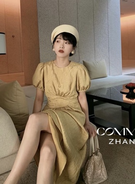 几多芝MUCHZHI  春季新款法式封腰纯色显瘦泡泡袖女连衣裙61240#