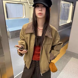 休闲夹克W563 复古重工水洗格纹拼接拉链短款 美式 几多芝MUCHZHI