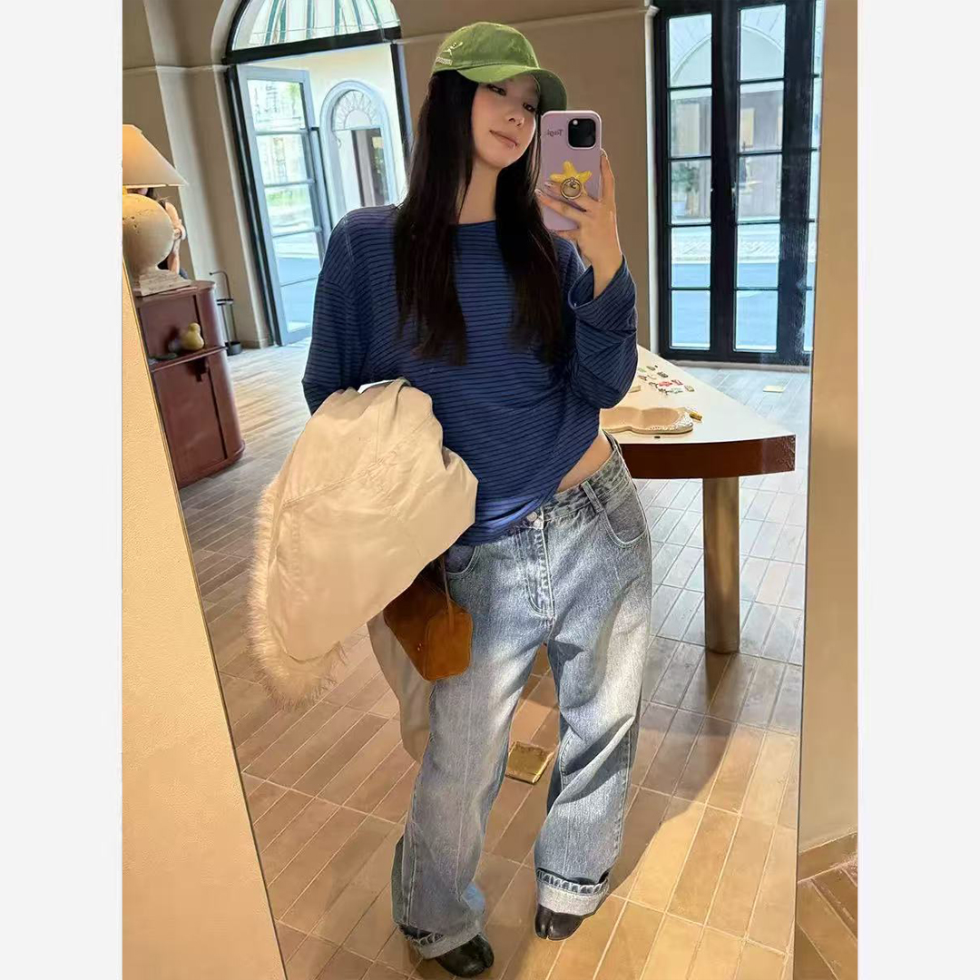 几多芝MUCHZHI  宽松长袖宽松条纹百搭休闲慵懒风中长款T恤T611#