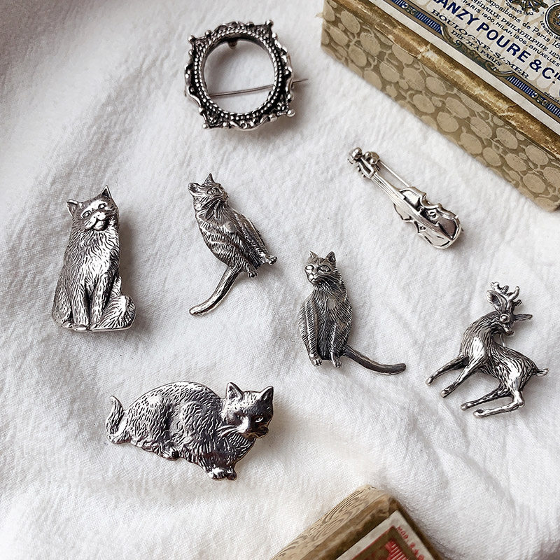 SHUI 925纯银复古相框个性音乐别针配饰可爱猫咪女百搭胸针