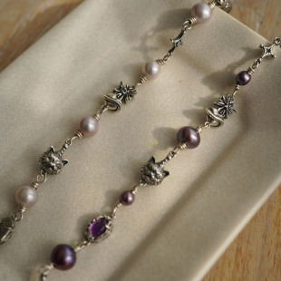 睡莲生生世世 素复古宝石手链 原创设计925纯银猫咪星芒骨头熔岩元