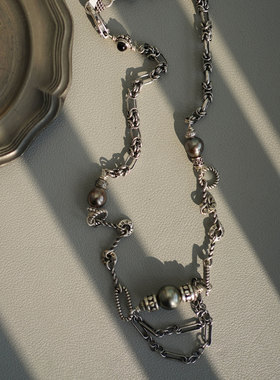 睡莲生生世世 原创设计大溪地珍珠925纯银复古拼接项链 一物一款