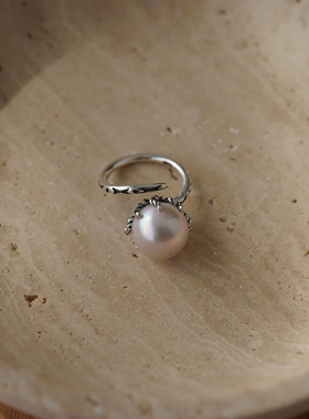 睡莲生生世世 原创设计定制天然珍珠925纯银戒指复古可调节指环