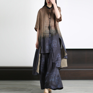 阔腿裤 兮风复古民族风大码 不规则中长衬衣 中袖 025春夏 天蚕丝套装