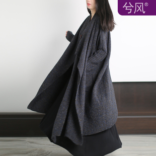 兮风复古不规则大气势重磅羊毛长风衣女多穿法围脖落肩款外套秋冬