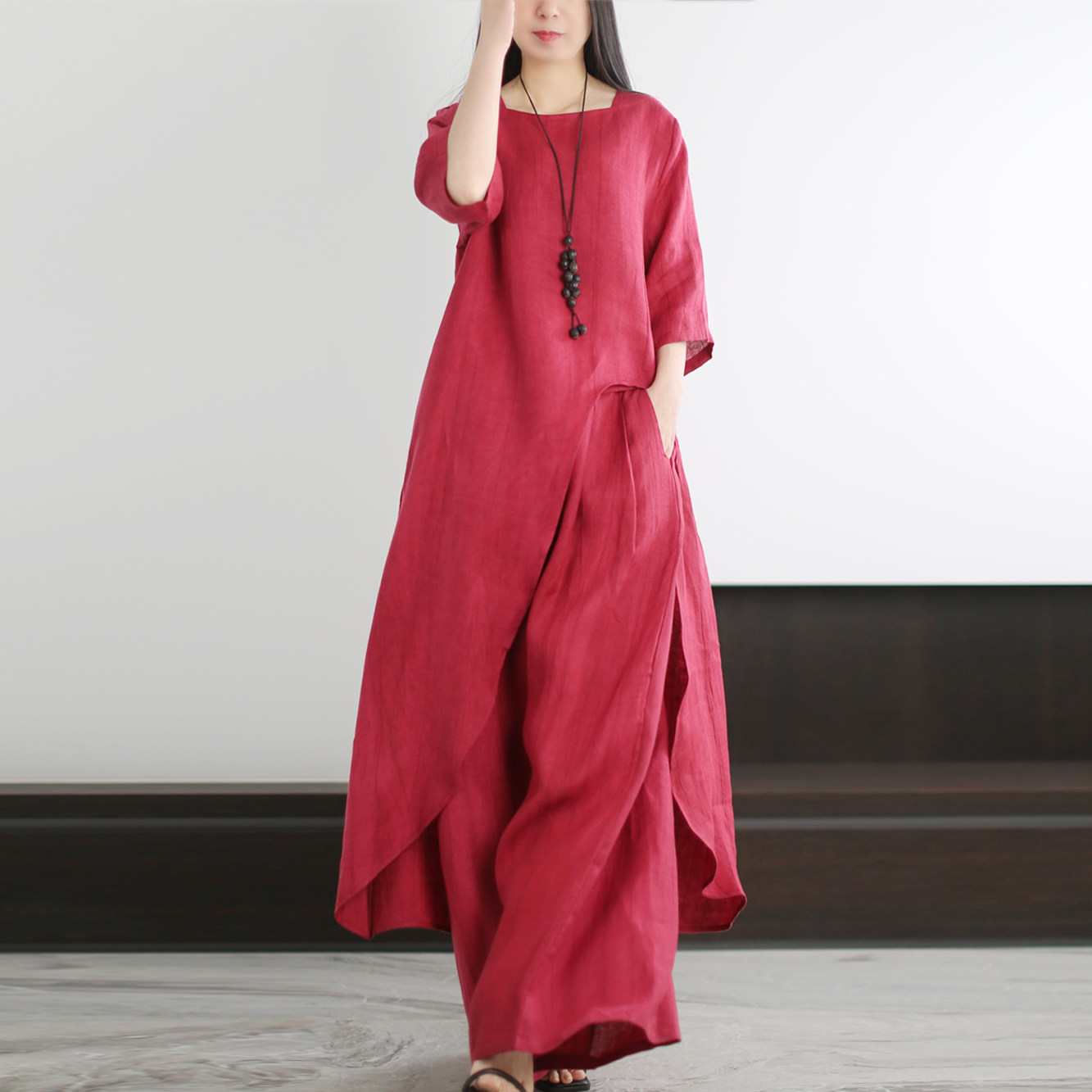 兮风品牌春夏文艺休闲亚麻茶服套装超仙女不规则长款上衣+阔腿裤