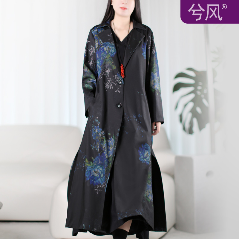 兮风西装领加长复古文艺印花风衣