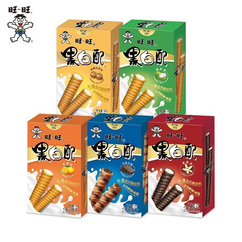 临期食品旺旺黑白配56g盒装夹心蛋卷饼干焦糖奶香味休闲零食小吃