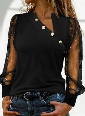 网纱拼接长袖上衣 Glitter Sheer Mesh Long Sleeve Top