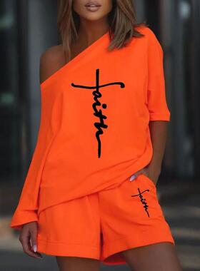 字母印花斜肩休闲套装 Letter Print Casual Top & Shorts Set