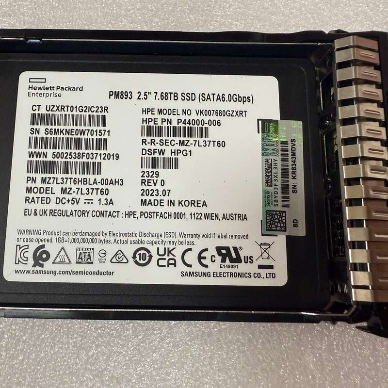 出HPE/惠普版三星PM893 7.68TB固态硬盘,SAT--议价商品