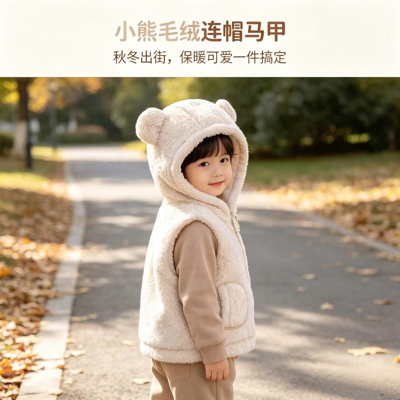 儿童毛绒洋气新款马甲女童连帽