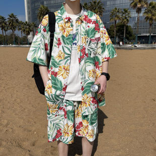 男装套装夏天2025短袖衣服痞帅潮流花衬衫上衣青少年男生穿搭一套