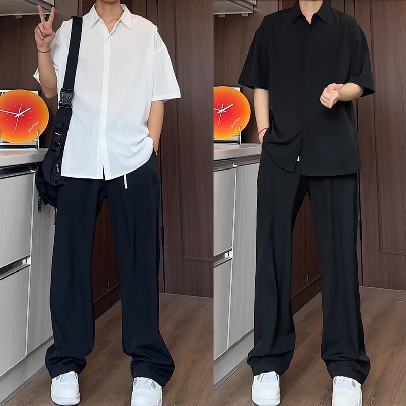 夏日冰丝套装短袖款男款2026新款男生ootd穿搭上衣高级感衬衫一套
