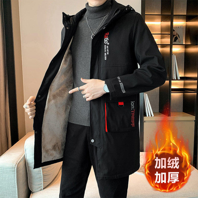 男装外套秋冬款2024新款夹克青少年冬季加厚棉服衣服中长加绒风衣图片