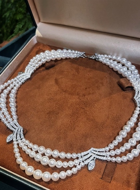 复古多层珍珠锆石项链女轻奢宴会礼服配饰高级感锁骨链婚纱照首饰
